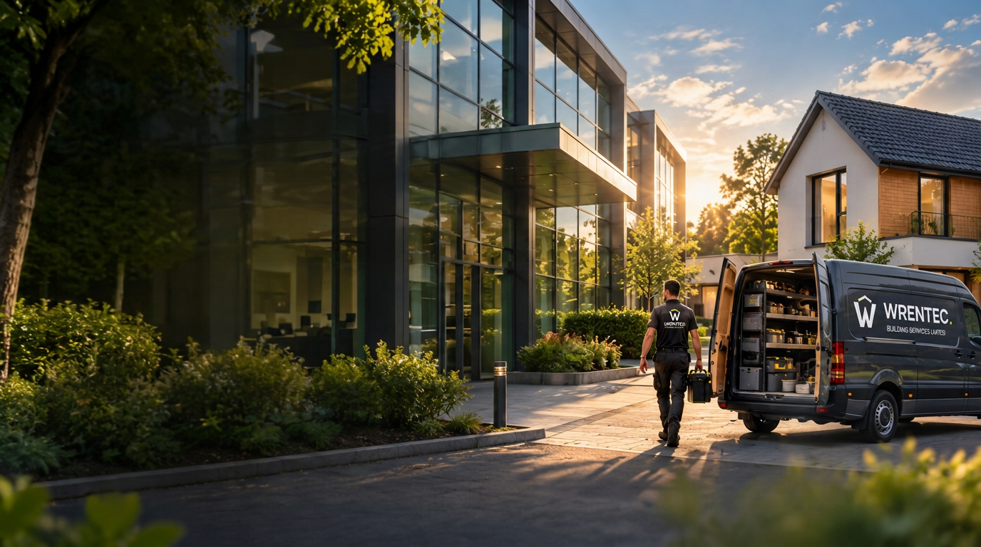 Wrentec engineer walking to a branded service van outside a modern office building and homes in warm evening light